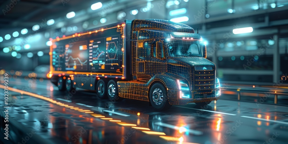 Poster futuristic smart truck with digital interface and data visualization driving on illuminated road