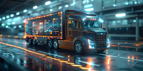 Futuristic smart truck with digital interface and data visualization driving on illuminated road