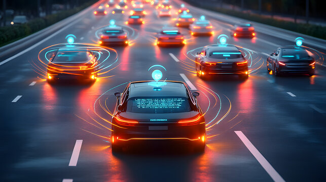 Autonomous Car Fleet with Advanced Sensing System and Wireless Communication Network on Highway at Dusk for Driverless Technology Concept