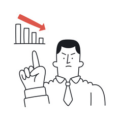 Businessman pointing at a declining graph, warning of financial trouble. Doodle style with an editable stroke.