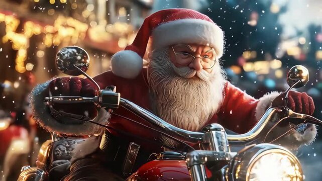 Santa Claus Riding a Motorcycle with Christmas Decorations in a Festive Setting