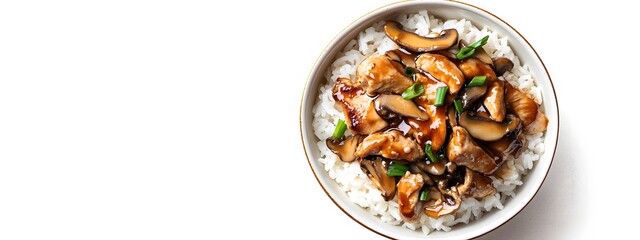 Fototapeta premium Food photo, Chinese brown sauce chicken with rice in a bowl, overhead view, white background