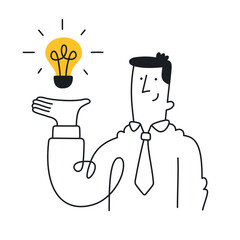 Businessman presenting a bright idea with a lightbulb. Doodle style with an editable stroke.