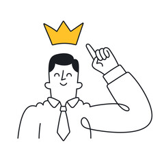 Proud businessman pointing at a crown symbolizing leadership and success. Doodle style with an editable stroke.