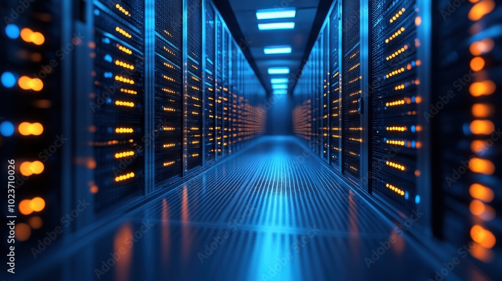 Poster a cutting-edge data center corridor with rows of illuminated servers glowing in blue and orange. the