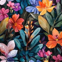 A vibrant floral pattern featuring colorful leaves and flowers in a modern artistic design, perfect for backgrounds and textile prints.