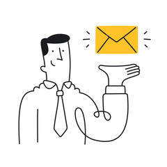 Businessman holding an envelope representing communication. Doodle style with an editable stroke.