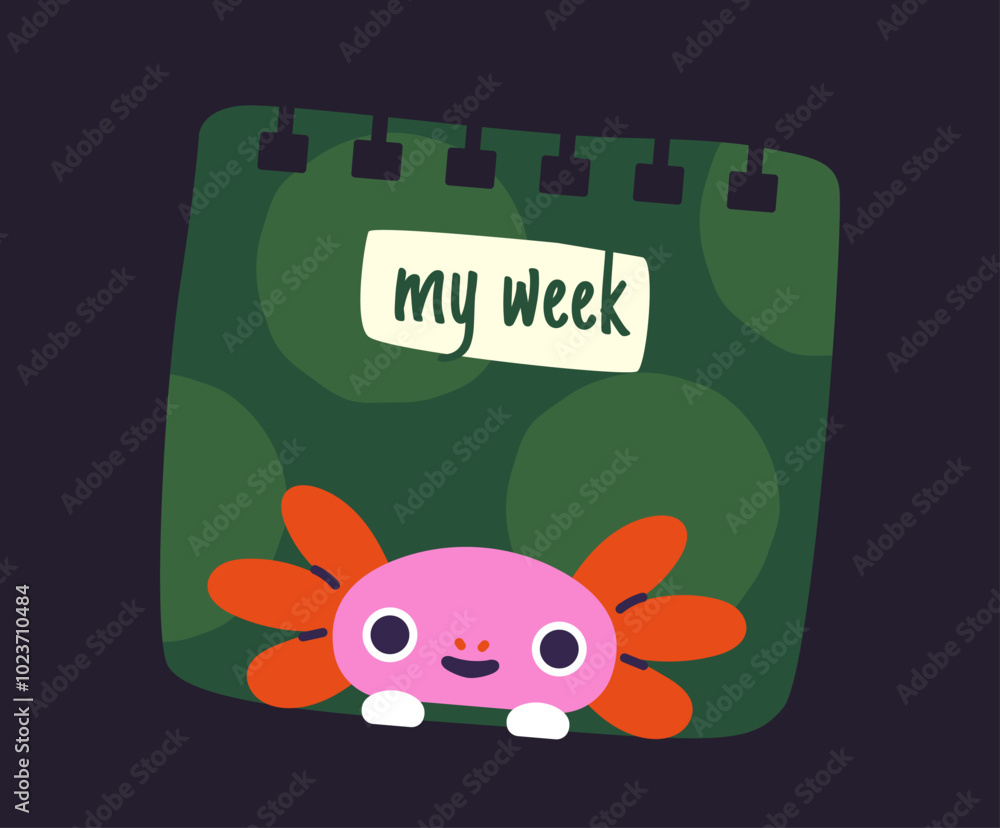 Poster fun notepad page. pink cute monster at green page. diary and notebook with my week inscription. plan