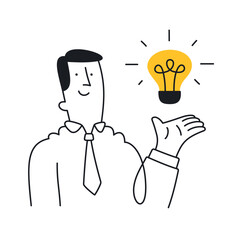 Businessman presenting a lightbulb symbolizing a new idea. Doodle style with an editable stroke.