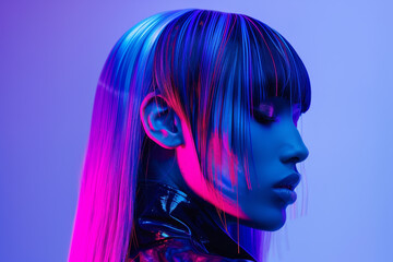 A woman with long hair and a purple and blue headband