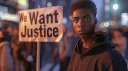 A young Black man stares intently at the camera, holding a sign that reads 'We Want Justice' in the midst of a crowd.