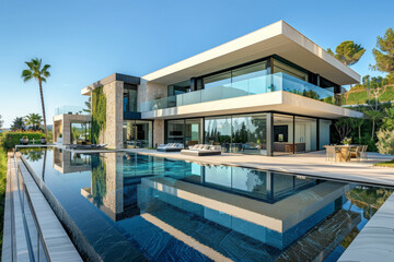 Fototapeta premium A large house with a pool and a large glass wall