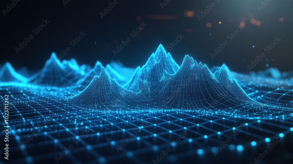 Poster a digital landscape visualizing data through 3d peaks and grids.