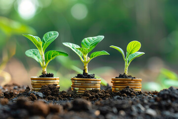 young plants growing on stacks of coins, symbolizing investment growth and sustainable finance
