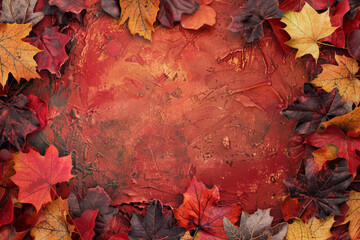 A red background with a frame of autumn leaves