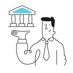 Corporate professional holding a bank, symbolizing financial growth. Doodle style with an editable stroke.