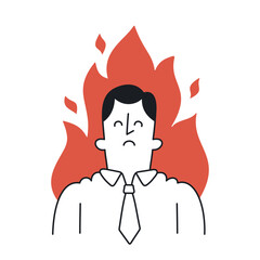 Stressed businessman surrounded by flames. Doodle style with an editable stroke.