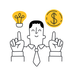 Businessman pointing at a lightbulb and dollar symbol representing idea and profit. Doodle style with an editable stroke.