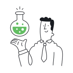 Businessman holding a chemical flask, smiling character. Doodle style with an editable stroke.