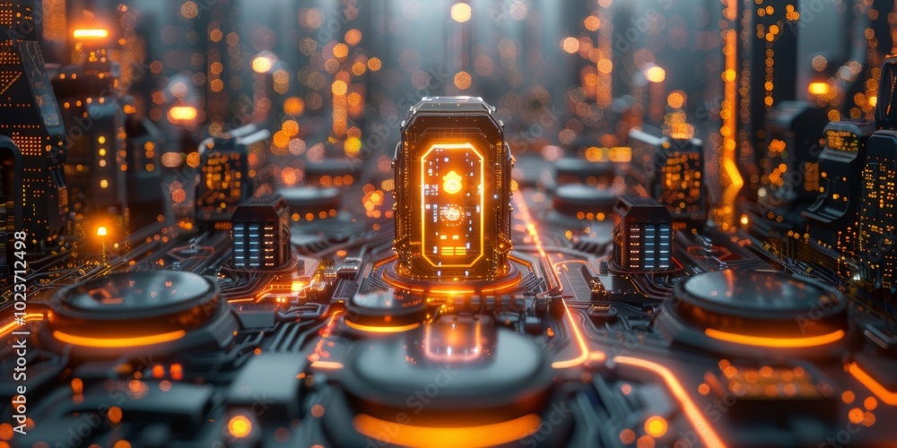 Poster futuristic technology concept with a glowing data server in a high-tech city environment