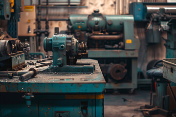 Fototapeta premium A blue machine sits on a table in a cluttered workshop