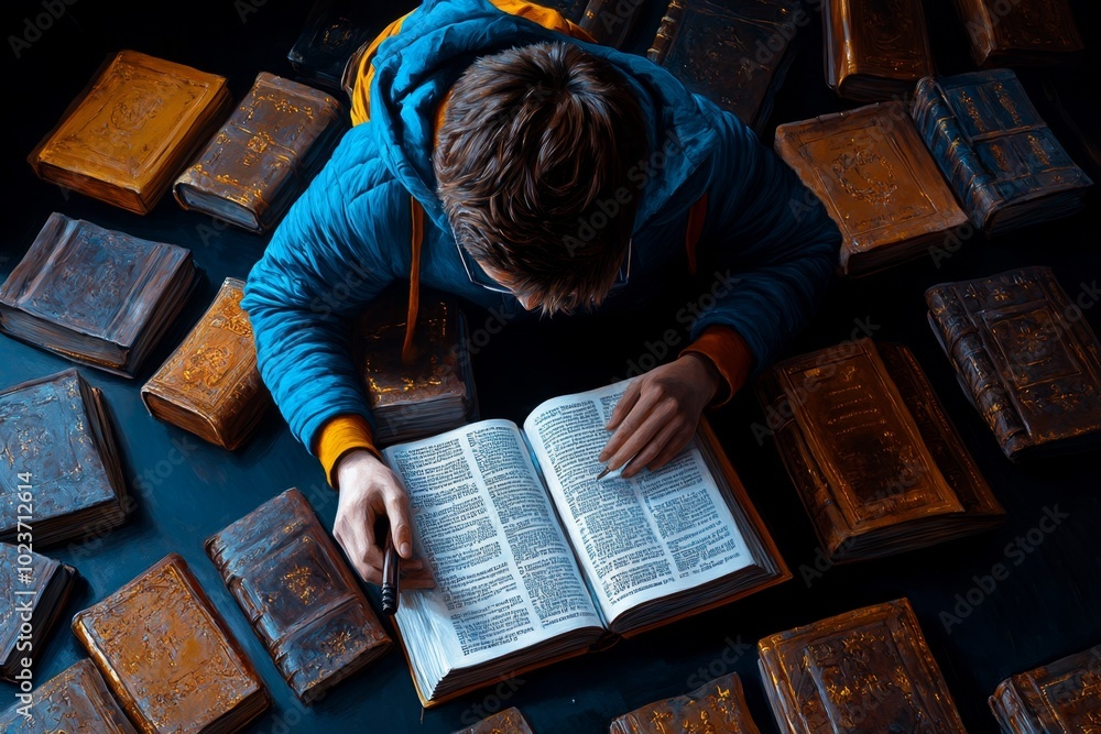 Poster a hyper-realistic painting of a modern student studying in a library filled with ancient books and m