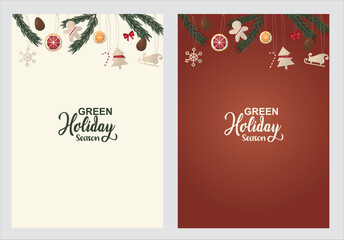 Set of green holiday season posters. Sustainable green holiday season poster. Eco-Friendly Holiday Card Design with Decorations. Natural elements and sustainability. Green christmas illustration. 