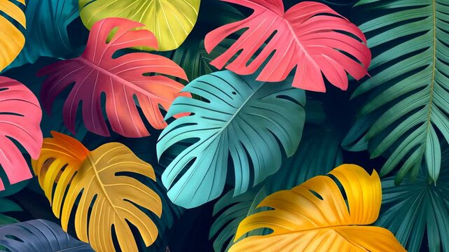 Colorful tropical leaves create a vibrant pattern