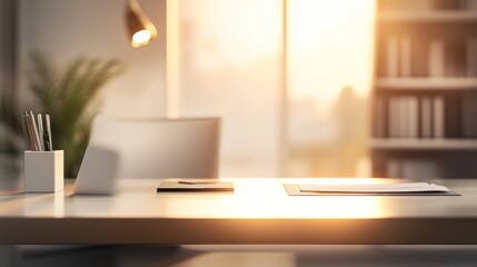 A serene office desk bathed in warm sunlight, ideal for productivity and focus.
