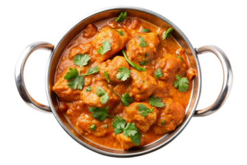 indian butter chicken curry in balti dish top down view and png