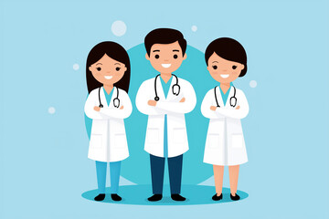 Three healthcare professionals in cartoon style on a light blue background