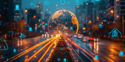 Global digital network concept with illuminated globe and futuristic icons overlaying a cityscape at night