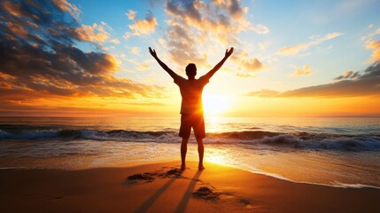 Fototapeta premium Man embracing a vibrant sunset on a tranquil beach, arms raised in joy, AI