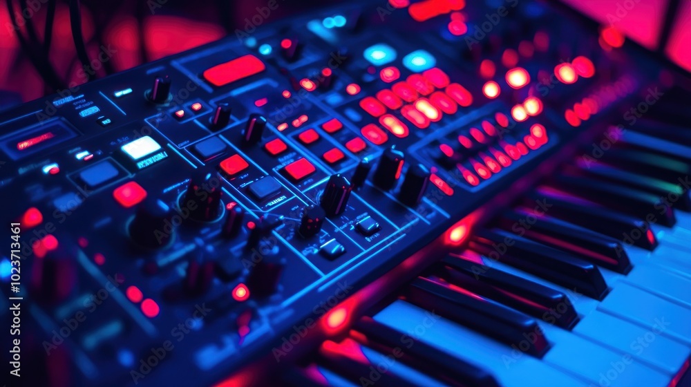 Poster close-up of a synthesizer keyboard with red and blue lights illuminating the keys and buttons.