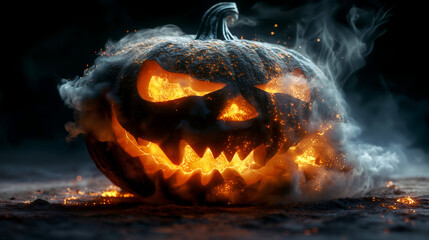 Horrible Big Halloween Pumpkin Laughs While Spewing Smoke