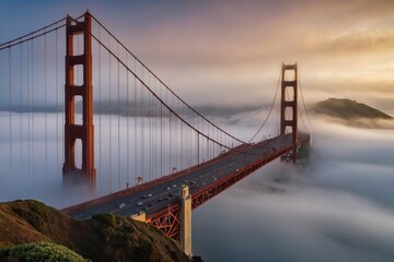 Naklejka premium Golden Gate at dawn surrounded by fog