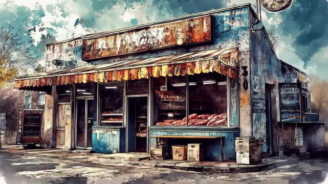 A weathered store sits empty on a gloomy day, with an awning and rows of bread displayed in the window