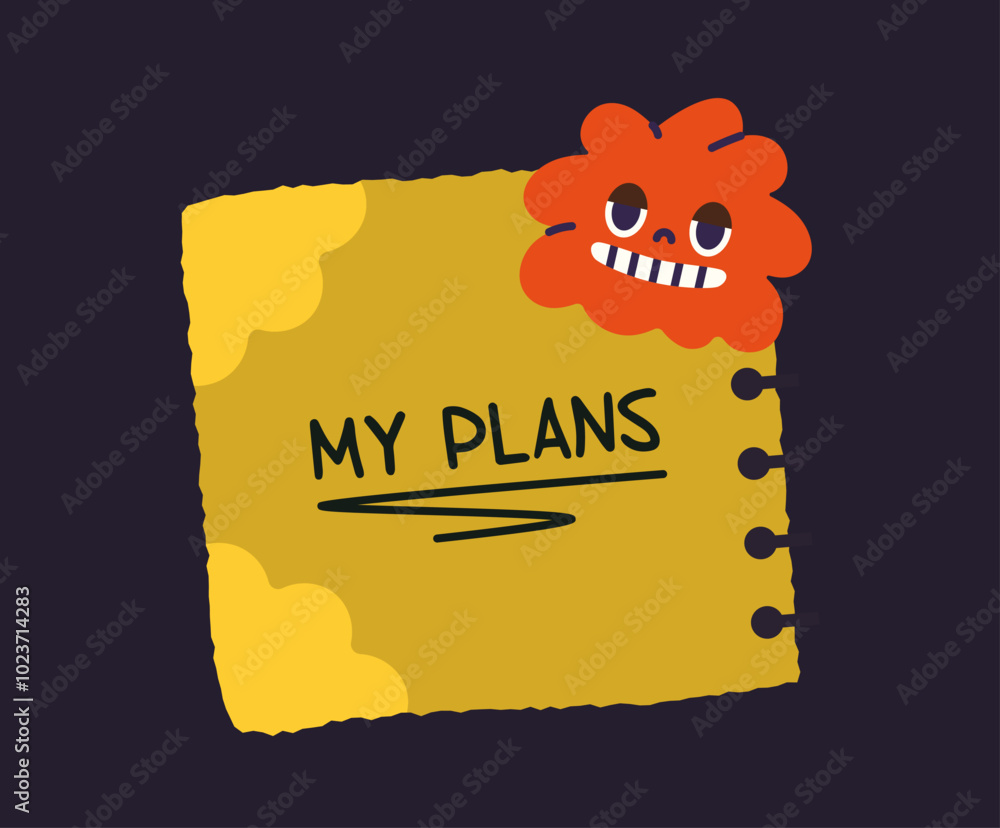 Poster fun notepad page. red fictional character at yellow page. diary or notepad cover with my plans inscr
