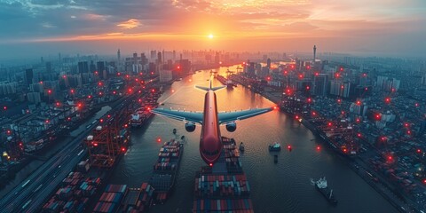 Airplane flying over city port at sunset, with a network of connected red points symbolizing global logistics and transportation.