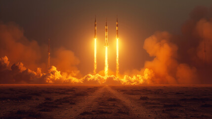 A large number of combat missiles take off into the sky