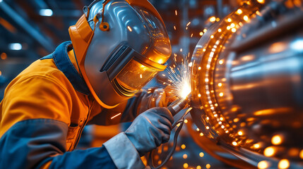 A welder in a protective suit works on a large metal piece, sparks flying from the welding torch.