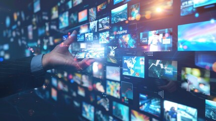 Businessman holding virtual images of various digital media themes and technology products