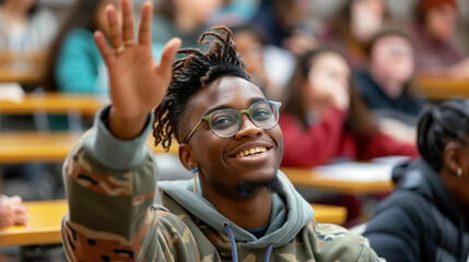 A student enthusiastically raises a hand to participate in a lively classroom discussion at a university seminar