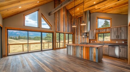 Rustic Luxury Lodge Interior with Open Floor Plan, Wood Paneling, and Panoramic Mountain Views
