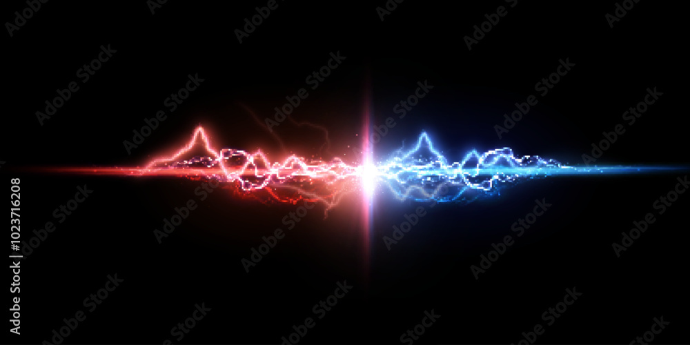 Fototapete the effect of light energy confrontation and collision with lightning and flashes. abstract light ef