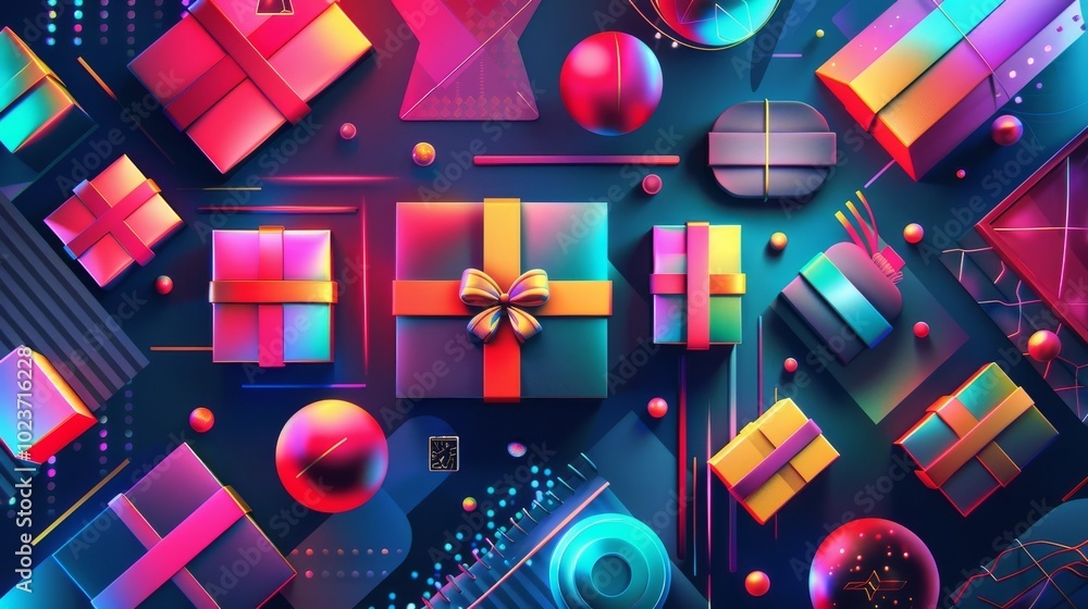 Poster a colorful array of boxes with a bow on top of them