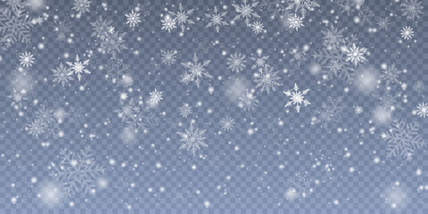 Christmas cold blizzard effect with snow. Vector texture Cold winter wind with snowflakes on transparent background.