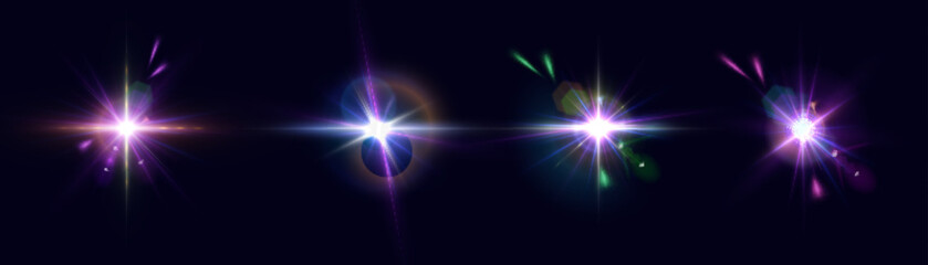 Bright glow, disco glare. Set of bright colorful light effects. Futuristic glow effect for game interface design.