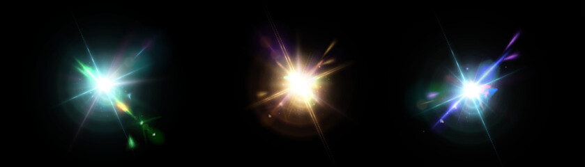 Shining light effects isolated on dark background, glare, lines, golden light particles. Set of vector stars.	