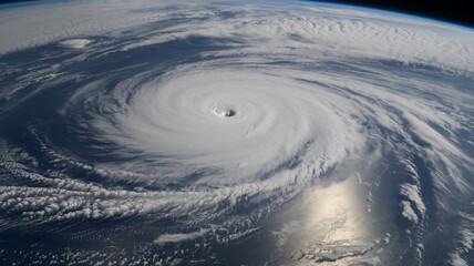 A photo of a Category 5 hurricane from the perspective of outer space. The eye of the hurricane is clearly visible, a calm area in the center of the storm